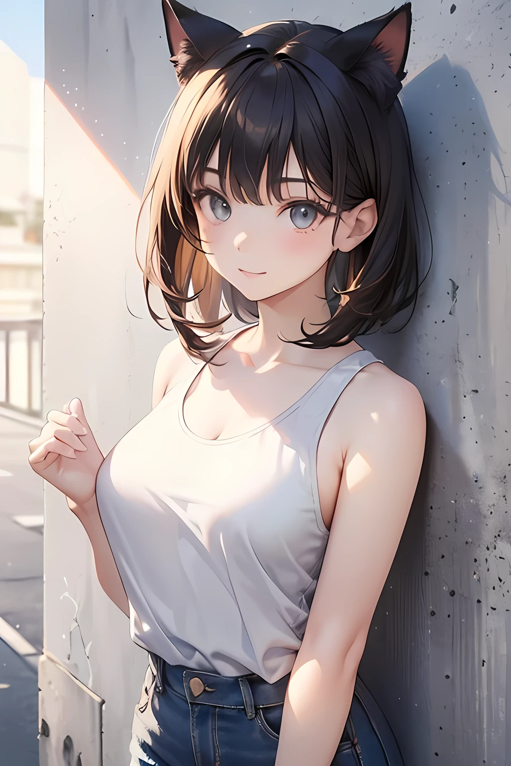 (masterpiece), (highest quality), (detailed), (IMAX quality:1.3), 3d, Pantyhose, Cat ears,

A young Asian woman, likely in her late s or early twenties, is centrally positioned in the image.  She has shoulder-length brown hair with bangs .  Her expression is pleasant and smiling .  She is holding a White note in front of her face, obscuring part of her face. The note has tefproconcept text on it. She is wearing a light gray/beige tank top and light blue jeans .  Her body type is curvaceous.  The background is a plain, light gray/beige wall. The lighting is even and bright , illuminating her face and upper body.  The composition is straightforward, focusing on the subject and her interaction with the note.  The perspective is slightly above the subject, at eye-level, and the overall atmosphere is casual and friendly .  The style of the image is a social media post , likely from a social media platform.
