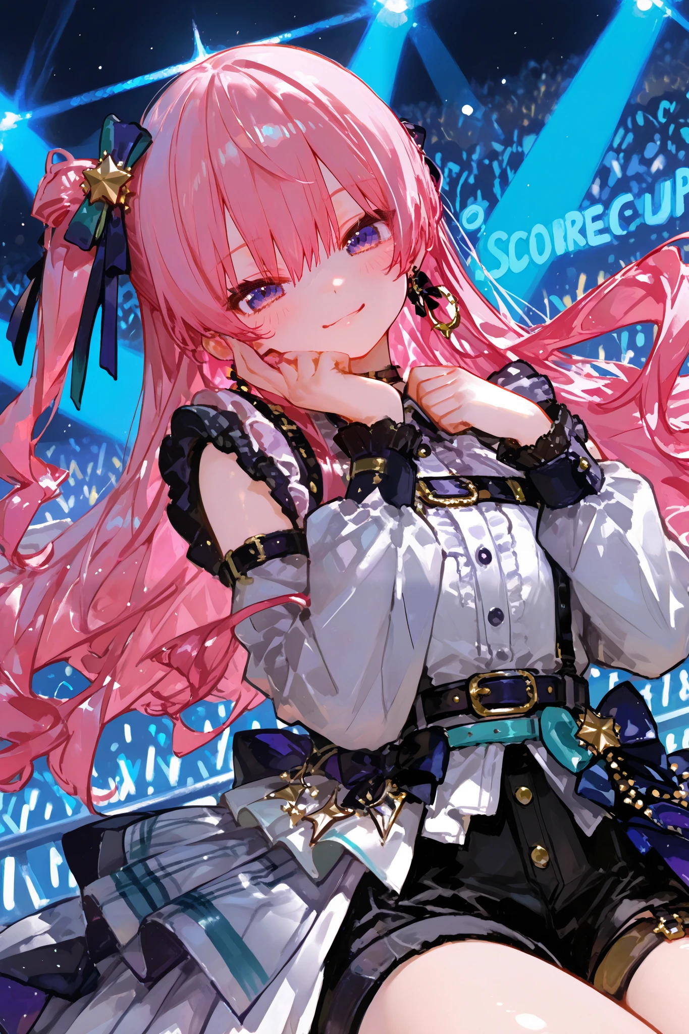 by yogisya,
1girl, solo, holding, fishnets, pink hair, fishnet pantyhose, gloves, hair ornament, pantyhose, pink eyes, smile, medium hair, black gloves, open mouth, bangs, black background, detached sleeves, hat, hairclip
best quality, masterpiece,