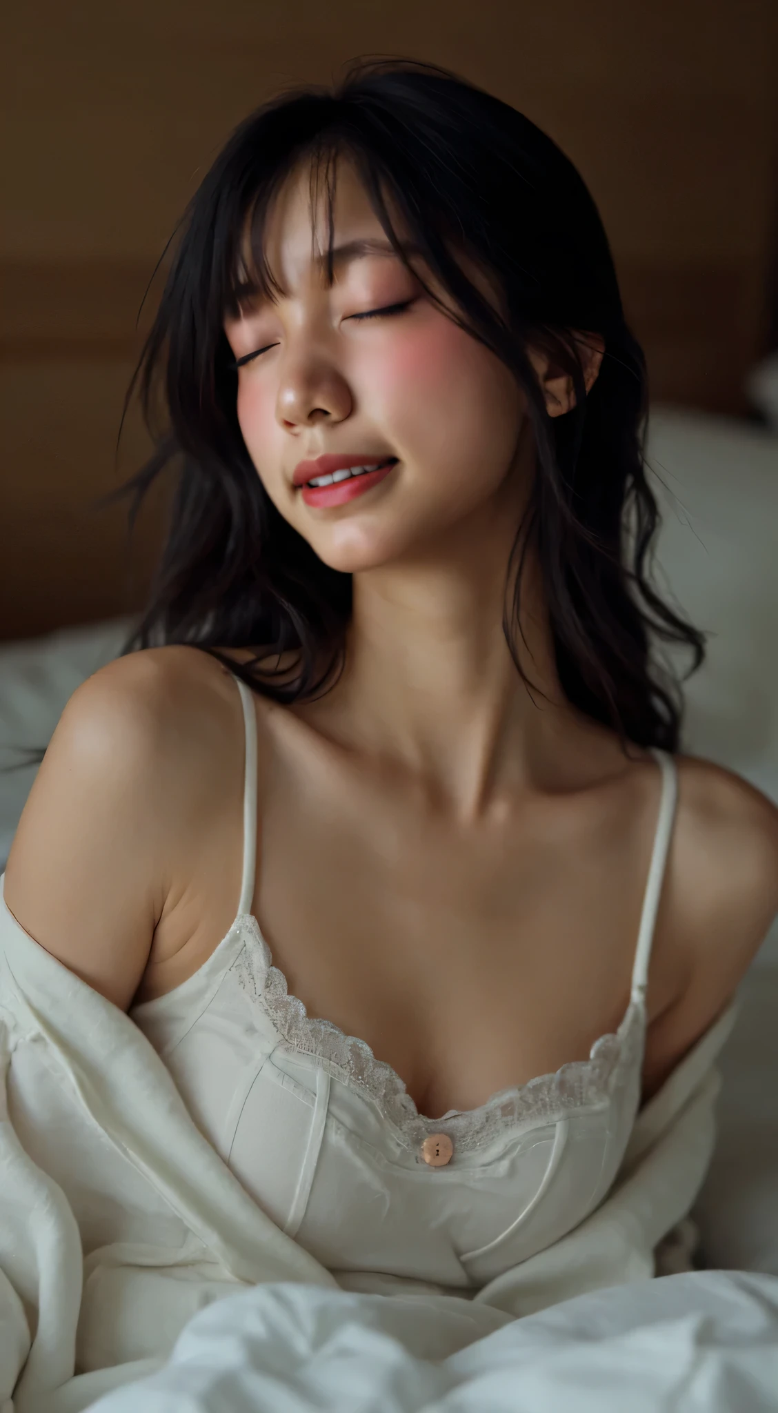 Japanese woman、40 years old、A few wrinkles on the face、 body that makes you feel old、 Skinny Body 、I'm masturbating with my eyes closed while sleeping on my bed at night、 sensual look、 feels good、Heavy breathing、 have an orgasm 、Pull out the scallops just a little、