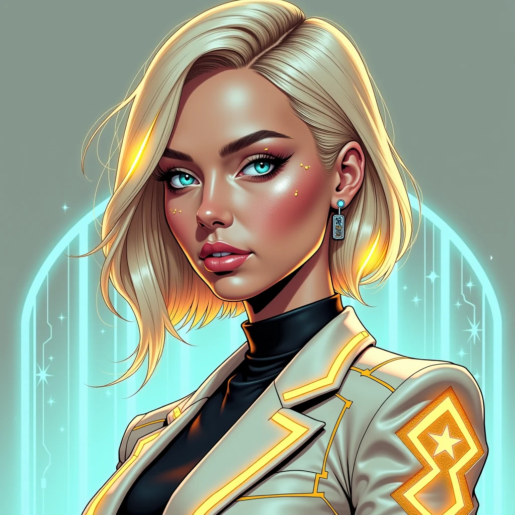 A masterpiece comic book-style illustration in a cyberpunk aesthetic of an elegant and captivating 24-year-old Caucasian woman, the daughter of the CEO of a massive corporation named Wayne Industries, depicted in a passport photo-style composition focusing on her face, upper torso, and hairstyle. She has soft, light blonde hair styled in a sleek, asymmetrical bob with glowing, metallic gold highlights woven through the strands, creating a futuristic and luxurious feel. Her piercing, luminous blue-gray eyes, slightly augmented with cybernetic enhancements, exude intelligence and determination. Her high cheekbones, sharp jawline, and subtle facial scars hint at resilience and depth, adding a layer of mystery to her character. She is wearing a high-tech, tailored blazer in muted ivory with bold, golden geometric lines and embedded neon-blue accents that softly glow, suggesting a fusion of advanced technology and high fashion. The fabric is richly detailed, with dynamic textures that reflect a modern, polished aesthetic. The subtle holographic makeup on her cheeks and eyelids adds a shimmering effect, emphasizing her striking features. Her posture is perfectly composed, facing the viewer directly with an air of confidence and authority. The background is a clean, gradient design in muted tones of slate gray and pale teal, with faint, circuit-like patterns subtly glowing in the backdrop to evoke a cyberpunk environment. The image uses bold, dynamic linework and intricate cross-hatching to add depth and contrast, with vivid pops of neon against darker tones to capture the vibrant, gritty energy of a cyberpunk world. This illustration style blends the dramatic flair of modern American comics with the atmospheric intensity of a cyberpunk dystopia, resulting in a visually stunning and detailed masterpiece.
