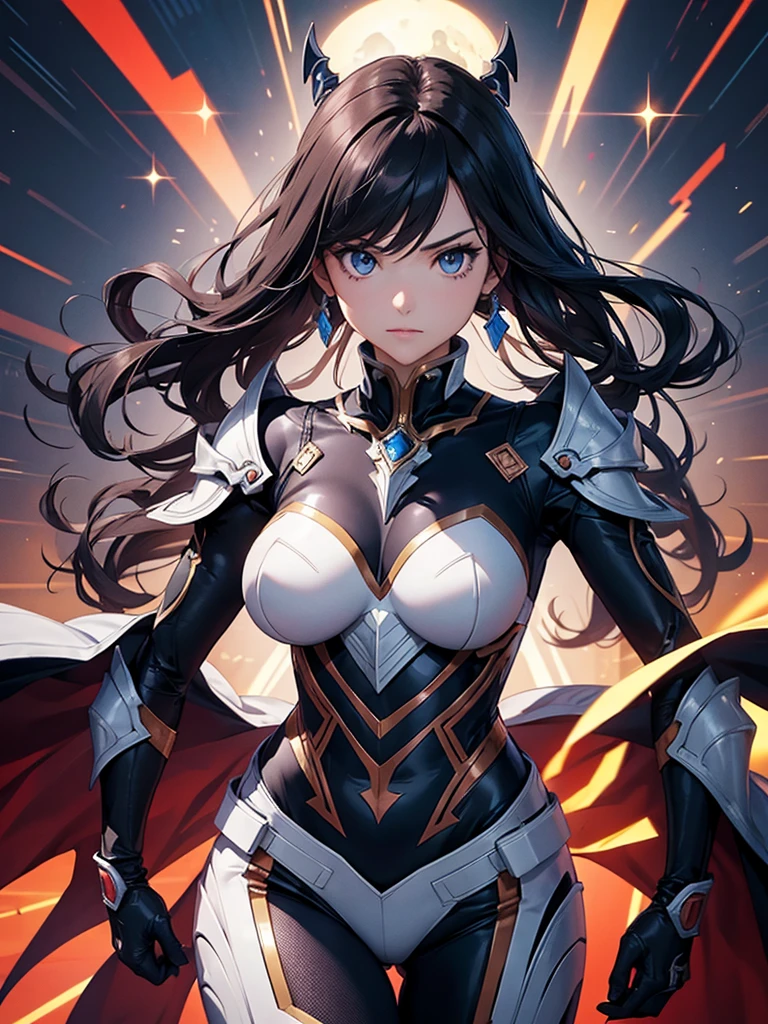 top-quality、Top image quality、​masterpiece、girl with((blue and red mechanical body armor、metallic red mechanical arm、metallic blue legs arms、Shining red body line、sixteen years old、teen ager、cute little、Best Bust、big bast,Beautiful shining black eyes、Breasts wide open, Brown hair、black mechanical wing,Longhaire、A slender,Large valleys、belligerent movements,holds a black sword)),hiquality、Beautiful Art、Background with((Midnight City、Pillar of fire、fluttering white feathers)))、,masutepiece、depth of fields,Cinematic style