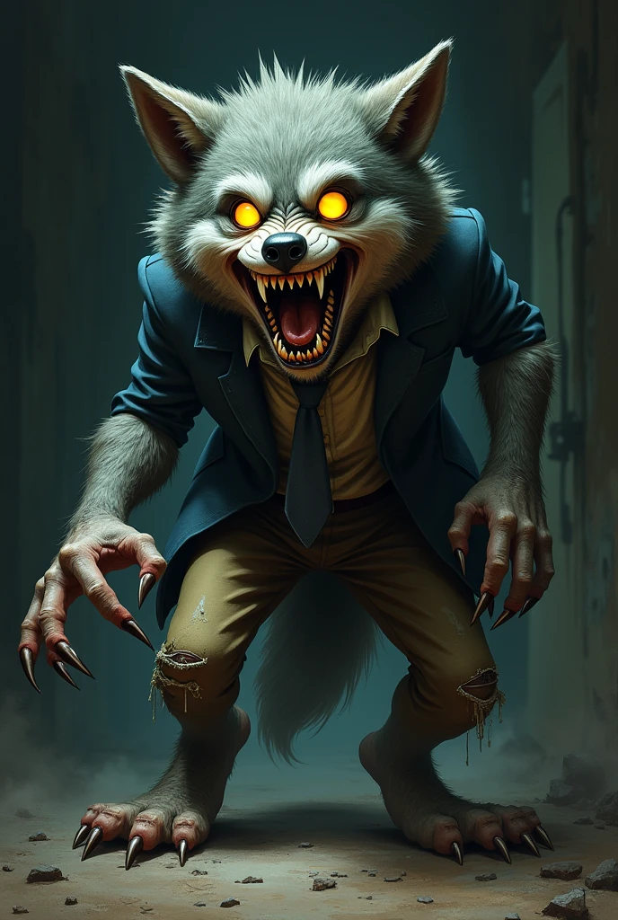 A huge evil wide grinning hyena exposing a set of sharp yellow teeth holding up a playing card in a living room, background shadows, nightmare
