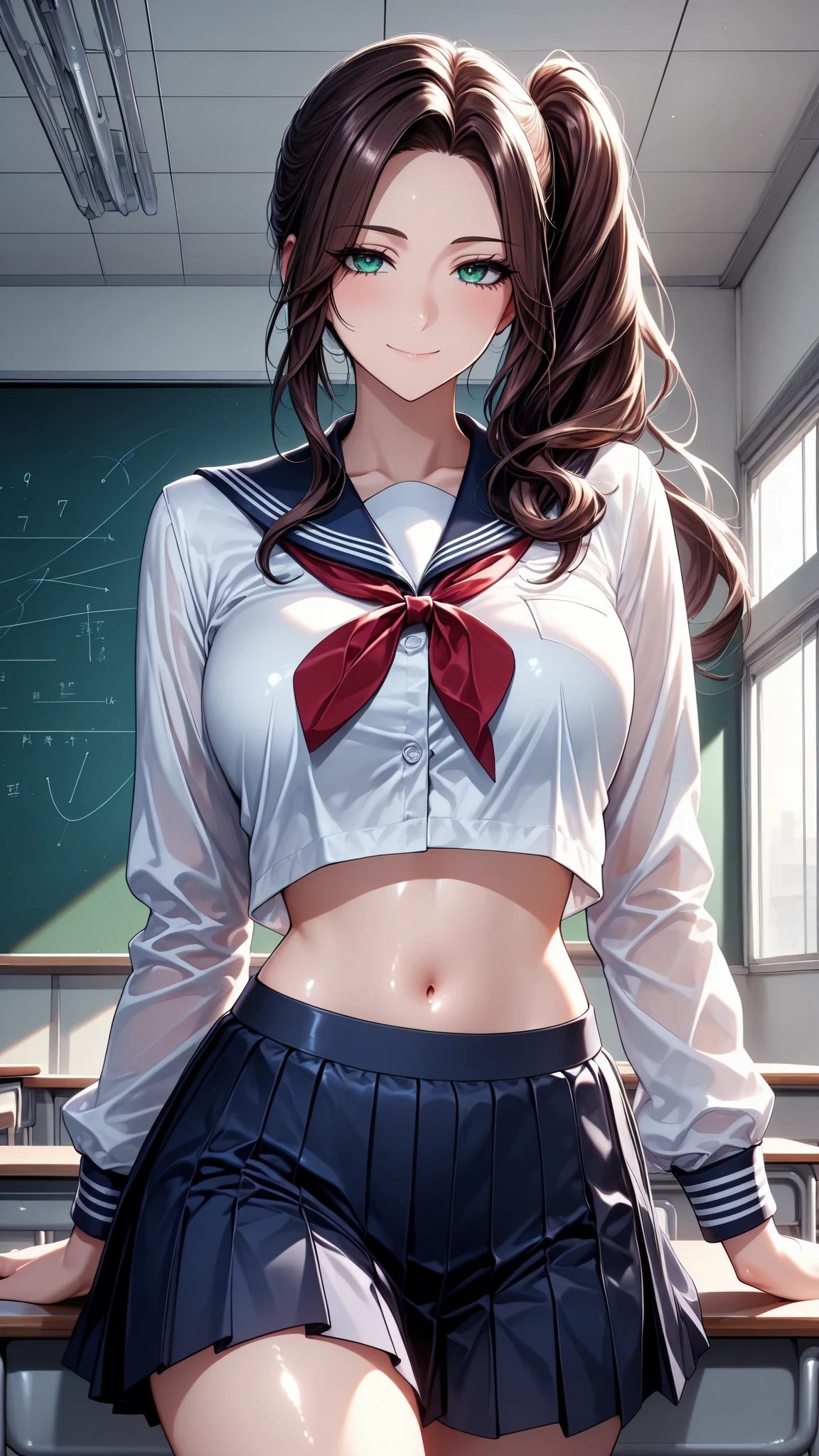masterpiece, best quality, vibrant, very aesthetic, high contrast, semirealistic, newest, cinematic-lightning, Enhance colors to maximum saturation, shiny skin, slender, 1woman, detailed face, detailed eyes, green eyes, slightly smile, semi-long hair, dark brown silky hair, forehead, sliced back hair, side ponytail, contrapposto, navel, Captivating thighs, knee, classroom, (sheer crop top white shirt), sailor suit,blue pleated skirt, red ribbon tie