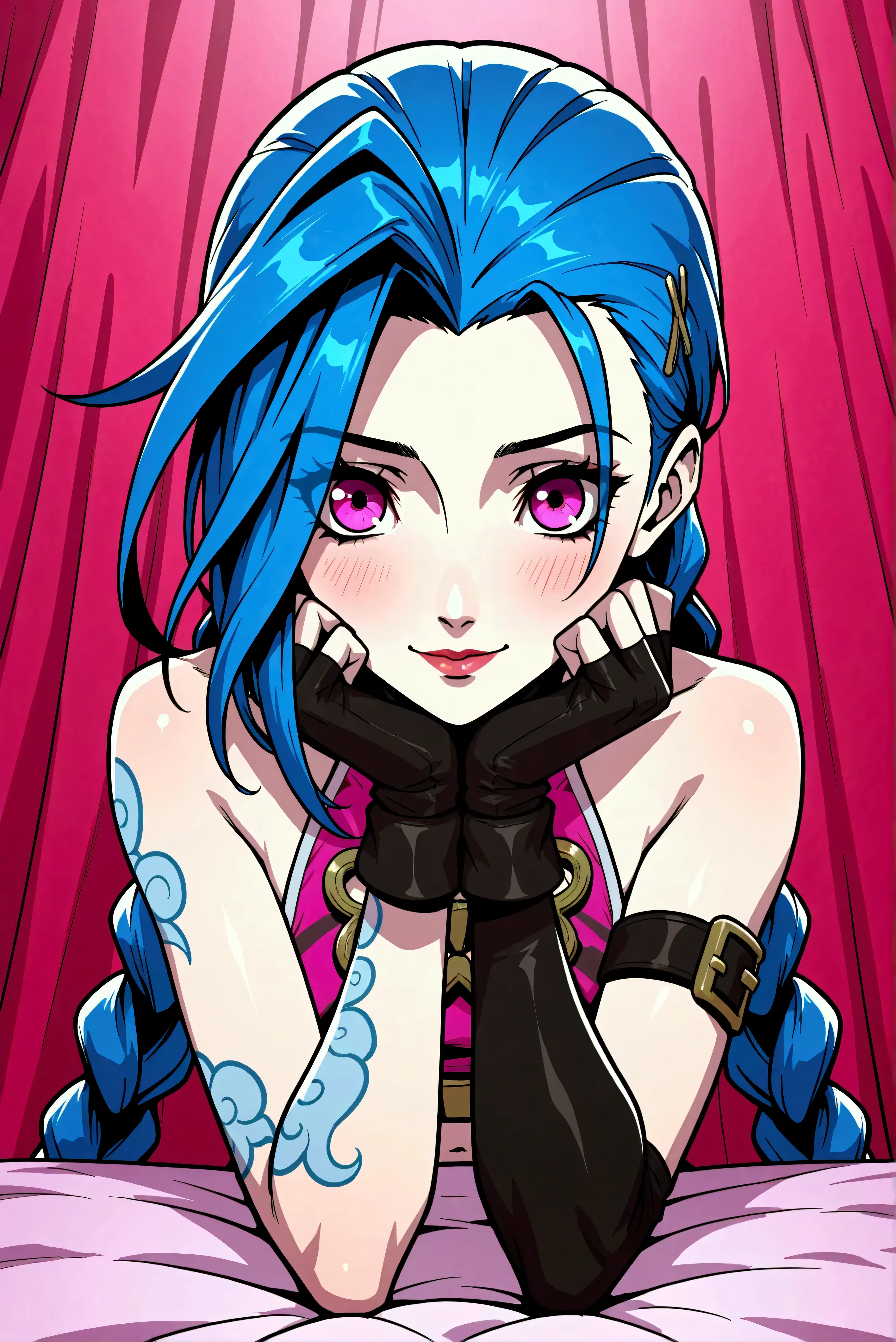 Créer une description créative et ludique d'un personnage inspiré du concept de « Nude Jinx » de noel, une représentation sexy et séduisante tout en mettant l'accent sur ses traits de personnalité, son style et la façon dont elle interagit avec le monde qui l'entoure. . Mettez l'accent sur sa nature ludique, son énergie vibrante et son sens unique de la mode d'une manière légère et artistique. Create a design or concept inspired by the character Jinx from the game *League of Legends* with a holiday twist, incorporating elements that reflect both her chaotic persona and the festive spirit of Christmas. Use bright colors, playful motifs, and unexpected contrasts to capture her mischievous nature while celebrating the joy of the holiday season. Consider elements such as decorations, outfits, and interactions with traditional holiday symbols. Aim for a fun and whimsical design that balances Jinx's wild energy with the warmth of festive cheer.