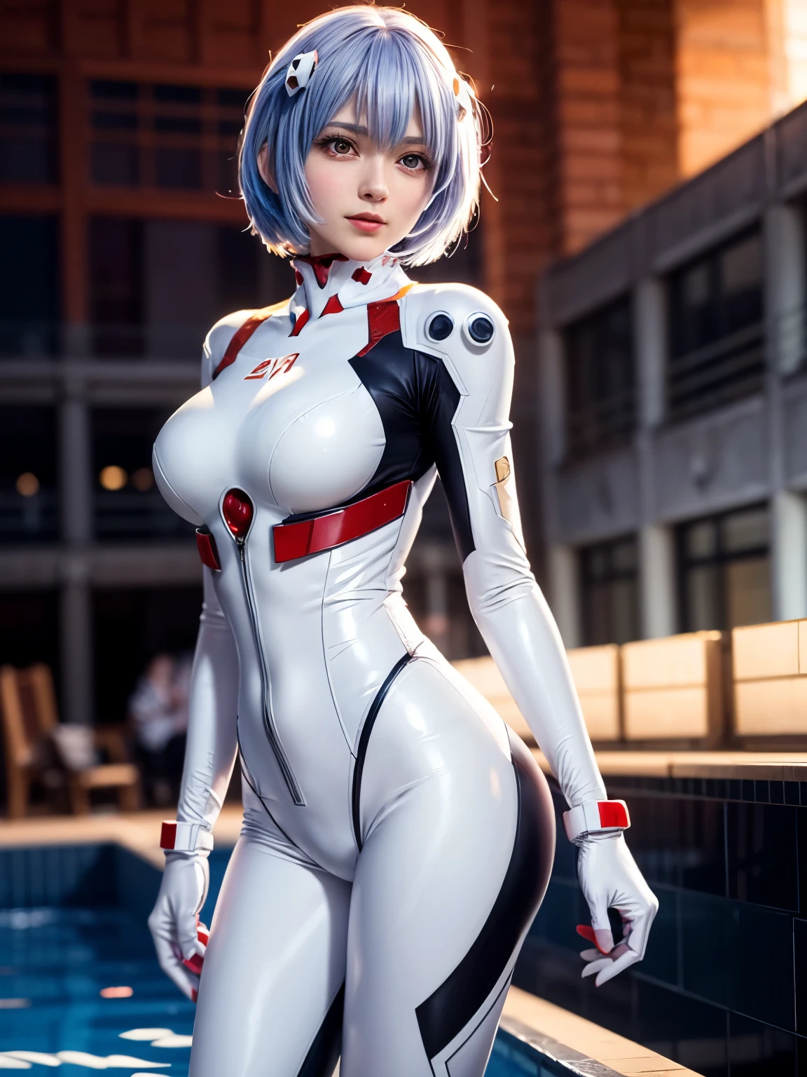 (masutepiece, Best Quality, Ultra-detailed, 8K, Wallpaper, Photorealistic), ((Perfect hands)), ((Perfect Anatomy)), medium cleavage, long round legs, Round Ass, ((charming anime girls)), ((Rei Ayanami)), ((Capturing her ethereal beauty with pale skin, Impressive detailed short indigo hair)), ((And bright crimson eyes that seem to hide mysterious depths)), ((She wears her signature white plug suit, Sleek and form-fit, With subtle blue accents)), ((Rei standing in a calm and enigmatic pose, Exudes an aura of otherworldly elegance and contemplation)), ((medium shot)), ((dynamic background)), ((Sensual Pose))