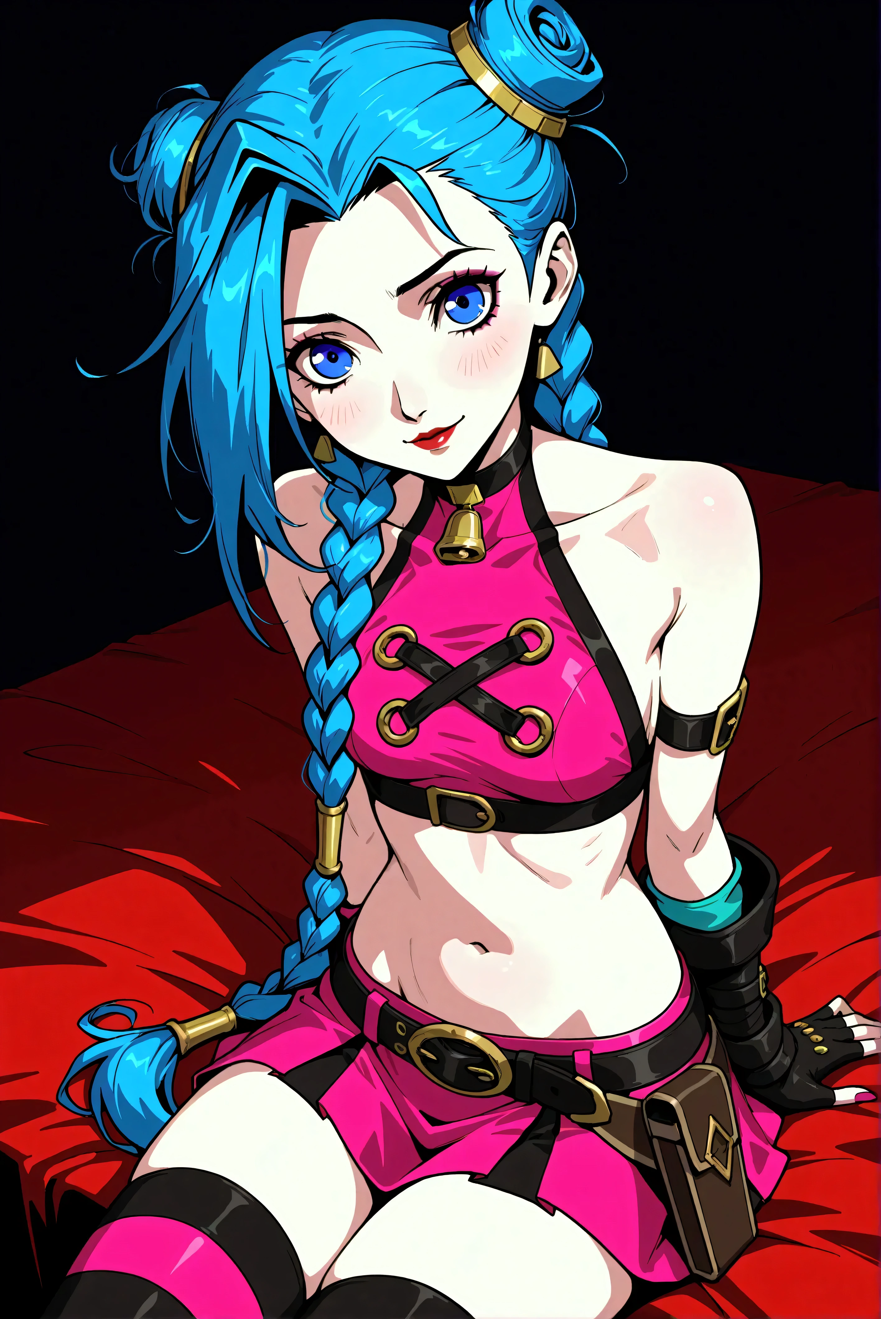 Créer une description créative et ludique d'un personnage inspiré du concept de « Nude Jinx » de noel, une représentation sexy et séduisante tout en mettant l'accent sur ses traits de personnalité, son style et la façon dont elle interagit avec le monde qui l'entoure. . Mettez l'accent sur sa nature ludique, son énergie vibrante et son sens unique de la mode d'une manière légère et artistique. Create a design or concept inspired by the character Jinx from the game *League of Legends* with a holiday twist, incorporating elements that reflect both her chaotic persona and the festive spirit of Christmas. Use bright colors, playful motifs, and unexpected contrasts to capture her mischievous nature while celebrating the joy of the holiday season. Consider elements such as decorations, outfits, and interactions with traditional holiday symbols. Aim for a fun and whimsical design that balances Jinx's wild energy with the warmth of festive cheer.