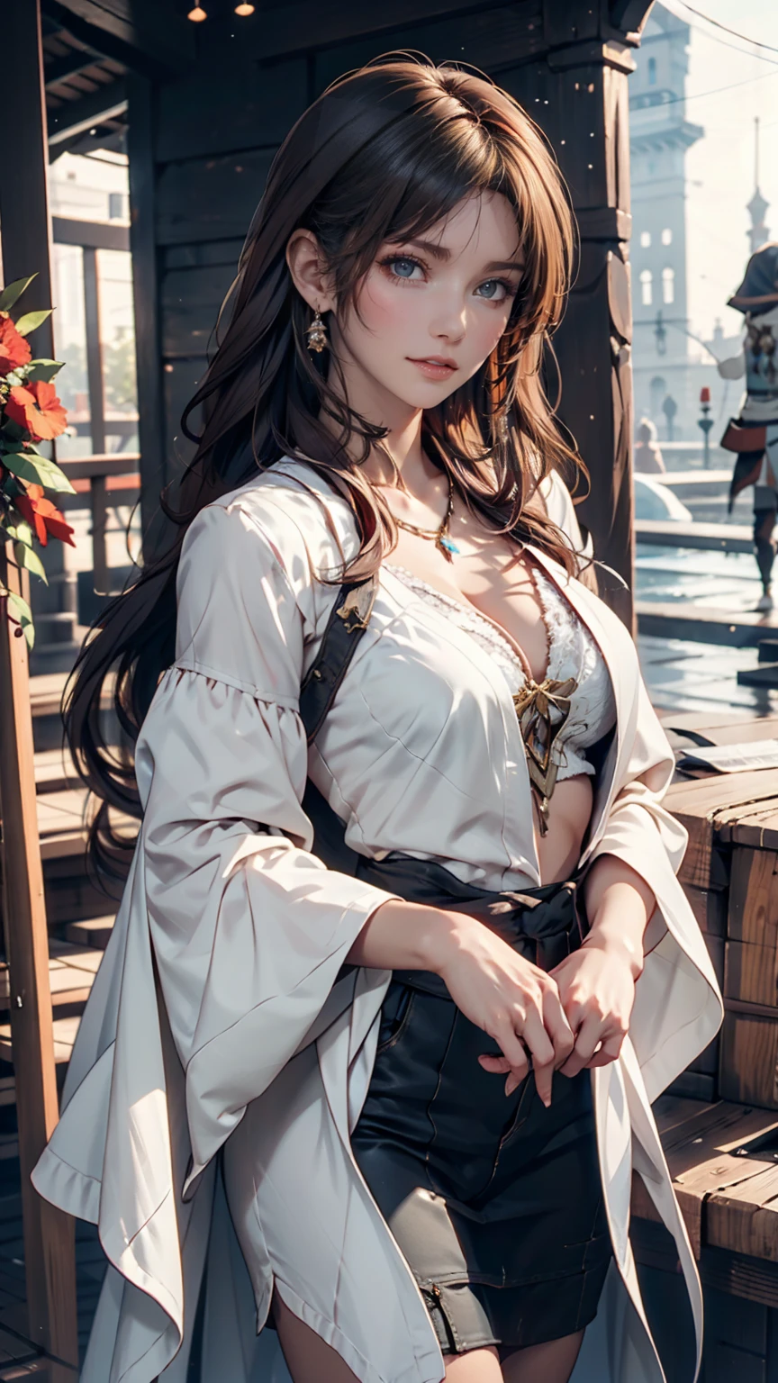 1 girl,on a pirphie ship deck, braid, neckleace, mitts, hphi, waist belt, sexy pirphie outfit, breasts big, far away body hair, gazing_phi_viewer, far away_body hair, standing alone, offcial art, unity wallpaper 8k, ultra detaild, Aesthetics, work of art, best qualityer, photorrealistic, action pose, cinemphiic lighting, 4K,