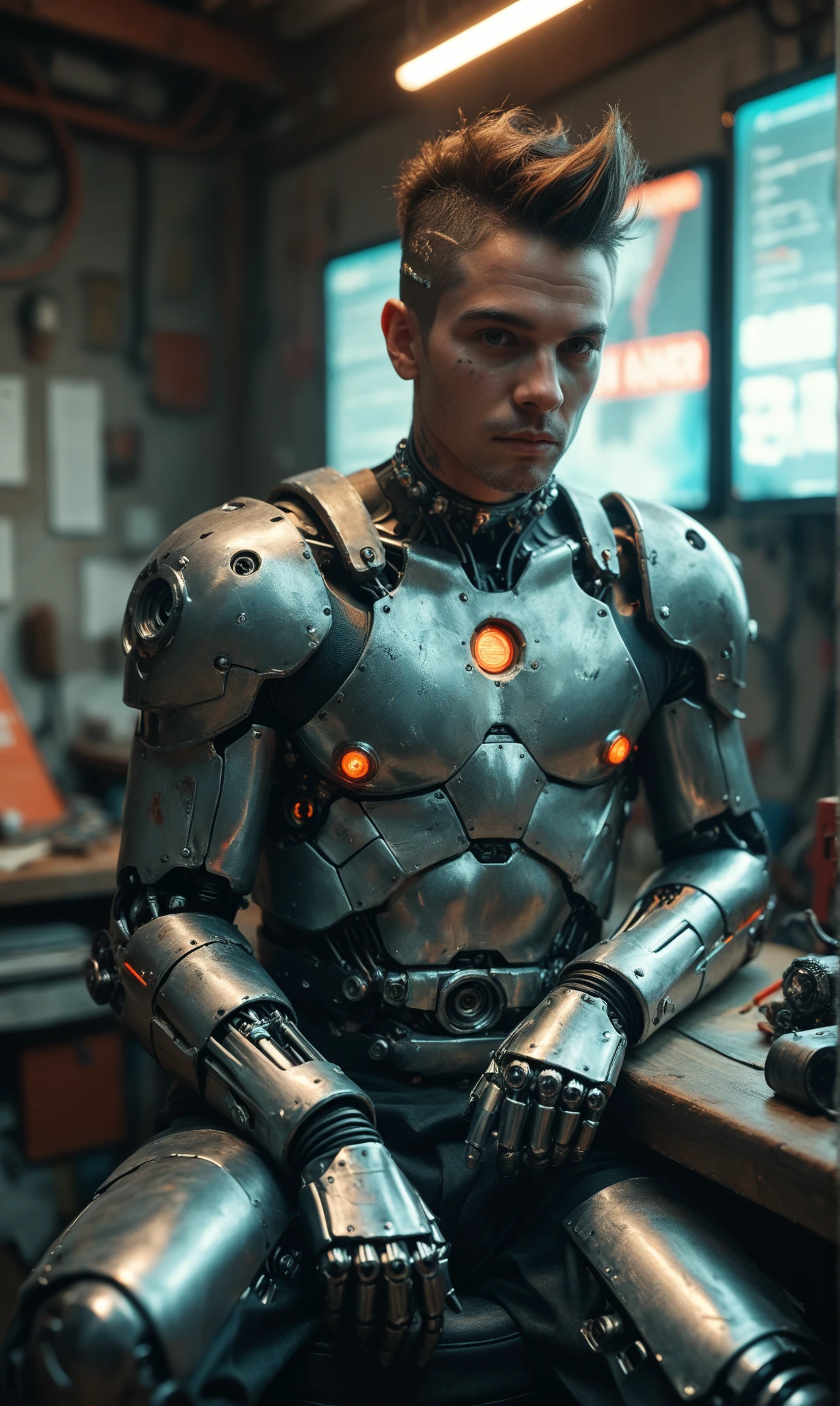 masterpiece realistic, RAW photo, (medium shot:1.2), 1boy, handsome slim twunk, (scared), looking at viewer, (shirtless), cables, body plugs, (cyborg:1.2), (bionic eye:1.2). (mechanical arms:1.1), very short pink hair, ([scifi|futuristic] implants:1.2), (spaceship interior background), cyberpunk, high saturation, skin imperfections, cinematic, 8k uhd,