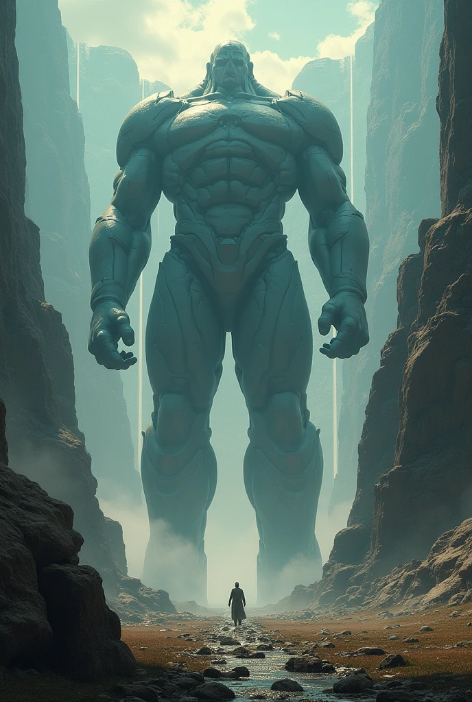 A colossal humanoid entity with all-black skin color, which has an eye triangle for the head, manga art style, rpg character art style, epic, best quality