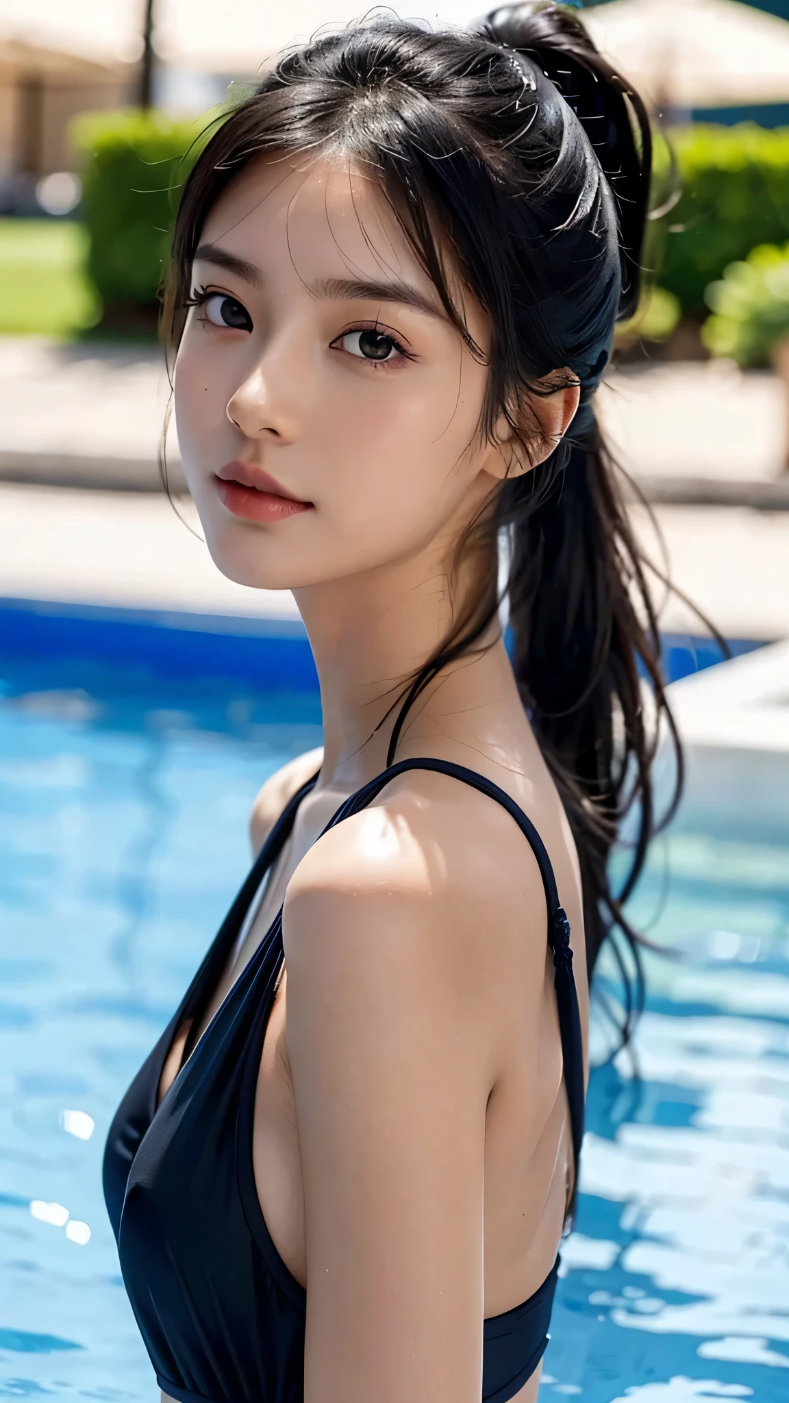 （（A dark-haired、Eight million、poneyTail、long、Colossal tits、So many eyelashes、tthin eyebrows、short eyebrow、eyes are lifted、School swim wear、swimming pools））、​masterpiece、top-quality、hightquality、Awesome、Beautiful fece、hight resolution、Very high resolution、Raw photo、Best Illustration、hyper realisitic、1girl in、realisitic、The ultra-detailliert、Photorealsitic、incredibly absurdness、a closeup、Floating hair、Soft light、Cinema Lights、depth of fields、blurry backround、bokeh dof:1.4、eyes focus、85mmレンズ、professionally lit、lensflare、Luminous particles:0.6、Professional Writing、portlate:0.6、Photon mapping、Radio City、physically-based renderingt、Transparency、a japanese girl、sexual excitement:1.5、Lifelike face、Realistic body、real looking skin、well-styled、camel's toe、light skinned:1.1、cute little:1.5