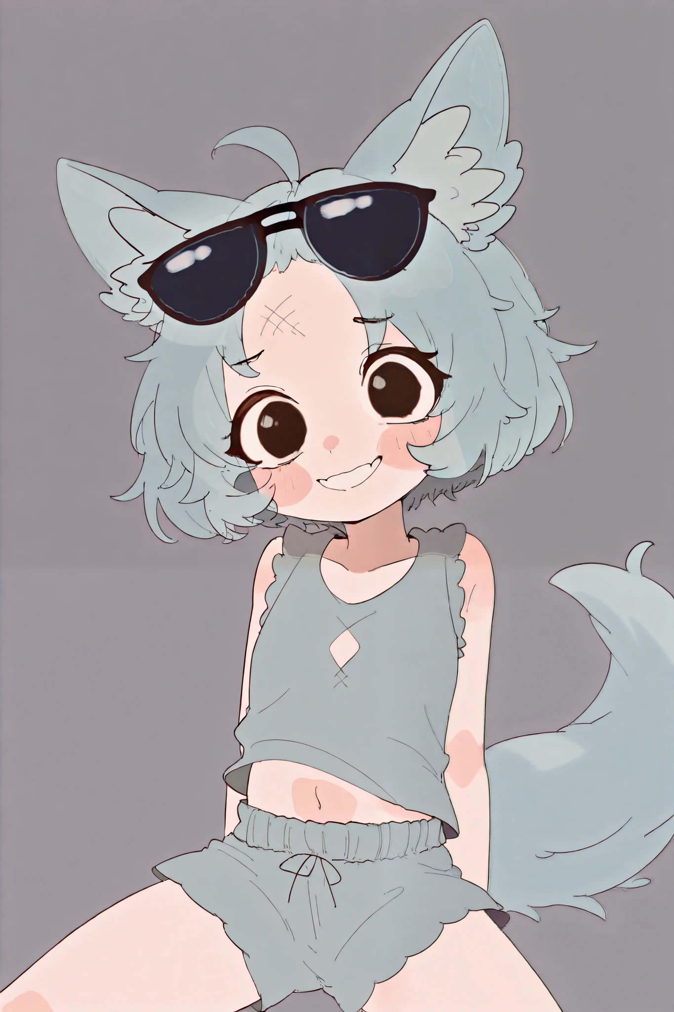 There is a young girl with short abyssal blue hair, ears on top of her head, black sunglasses on her forehead, wearing a dark gray sleeveless top, and short abyssal blue shorts. She is smiling while looking straight ahead. Her skin color is black.