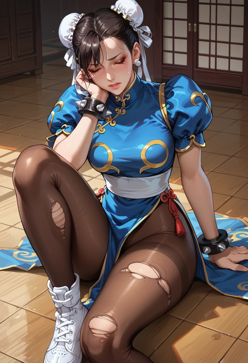 (Ultra-realistic,32K, masterpiece:1.2),(Skin with attention to detail:1.1),( high quality:1.1),
Chunli, Brown eyes, Brown Hair, (bun cover:1.5), Double Bang, eyeliner, Hair Bun, lipstick, compensate, Pink Lips,blue dress, boots, bracelet, brown pantyhose, china dress, Chinese clothing, Cross-laced shoes, dress, Gold border, jewelry, pantyhose, Pelvic Curtain, Puff sleeves, sash, Short sleeve, Side slits, spiked bracelet, spike, White footwear,,(View your viewers, Sitting, From below:1.1),, Huge breasts, Large Breasts,(Beautifully illuminated:1.1), Shaolin Temple, China themed, Blurred Background,