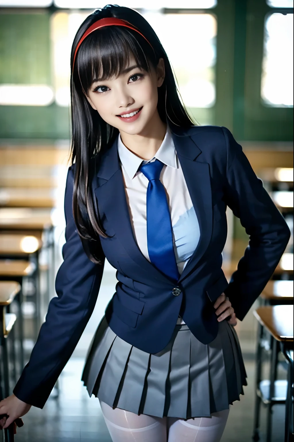  Original Pictures :1.2),( realistic:1.4),  beautiful girl with great attention to detail , very detailed eyes and face, Beautiful Details Eyes ,Ridiculous,incredibly Ridiculous, very detailed, high resolution, very detailed, best quality ,Masterpiece, illustration, very detailed,CG,Unified,8k wallpaper, wonderful, details,Masterpiece, best quality ,  perfect lighting, 1 girl,  long hair, blunt bangs ,  Red Eyes, ((( pantyhose,  white cutter shirt ,  pleated skirt))),  dynamic pose, ((( wicked smile ))), (((school plain clothes , Blue blazer、 blue tie)))
