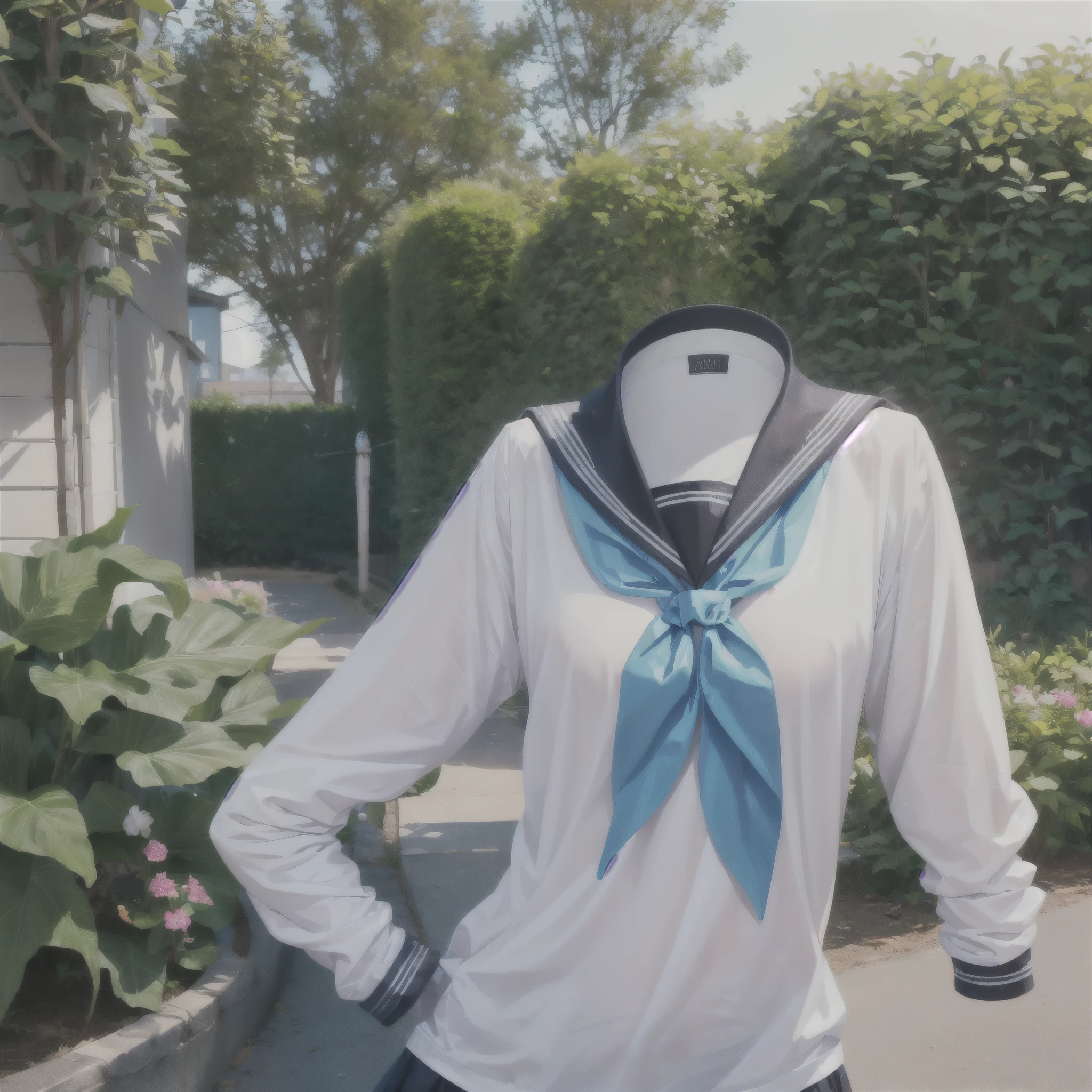 (8k, RAW photo, best quality, masterpiece:1.2), (realistic, photo-realistic:1.37), photon mapping, radiosity, ((Hasselblad photography)), physically-based rendering, detailed cloth texture, extremely detailed background, (invisible, no humans, headless, faceless:1.2), in garden, 1girl, a sailor suit made of textured fabric with fine stitching, soft lighting to enhance the texture of the fabric, shirt, long sleeves, bow, school uniform, white shirt, serafuku, sailor collar, neckerchief, blue bow, black sailor collar, blue neckerchief, Sailor Uniform