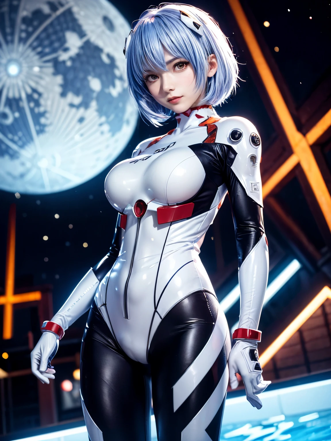 Masterpiece, best quality , high resolution,8k, Detailed Skin Textures , fine fabric texture , beautiful detailed face , intricate detail,(((非常に薄く透けている plug suit)))、 very detailed, Portrait of Rei Ayanami, blue hair , red eyes, The background is an outdoor luxury resort pool at night、There is a blue moon in the background、Evangelion Wearing a plug suit when riding, plug suit, can see their whole body, standing, Beautiful and cute, slim style, smiles,((( low angle))), big breasts, have red cheeks ,(((非常に薄く透けている plug suit))),(((The suit is digging into his crotch))),((( highlight crotch ))), Sexy Poses、