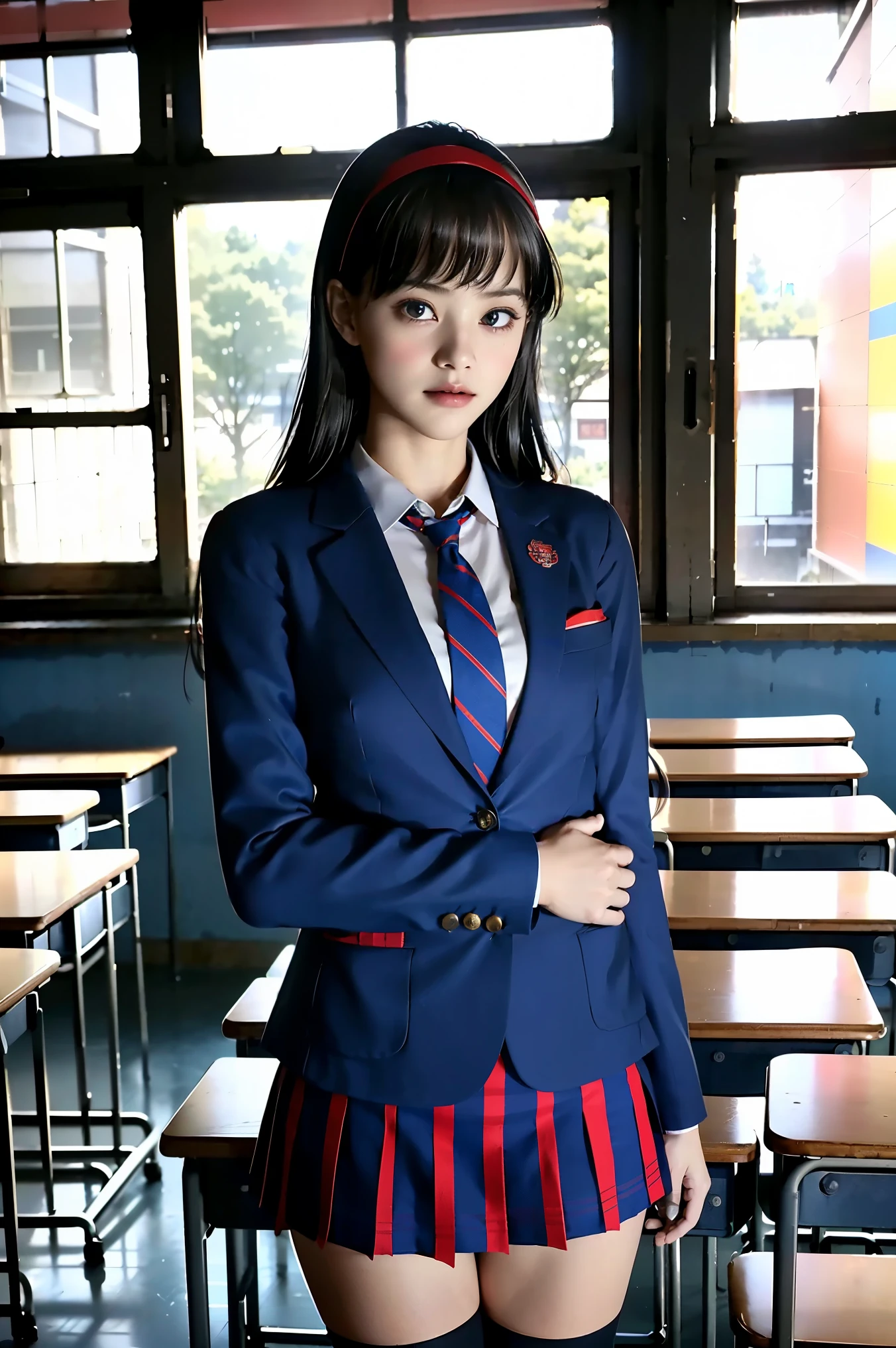  girl standing in a classroom in a schoolhouse, red tie uniform ,((  dark blue blazer 、 white cutter shirt、 red tie)) , Blue Tartan Check Skirt,18 years old,bangs, small smile , thighs,Knee, black knee socks
