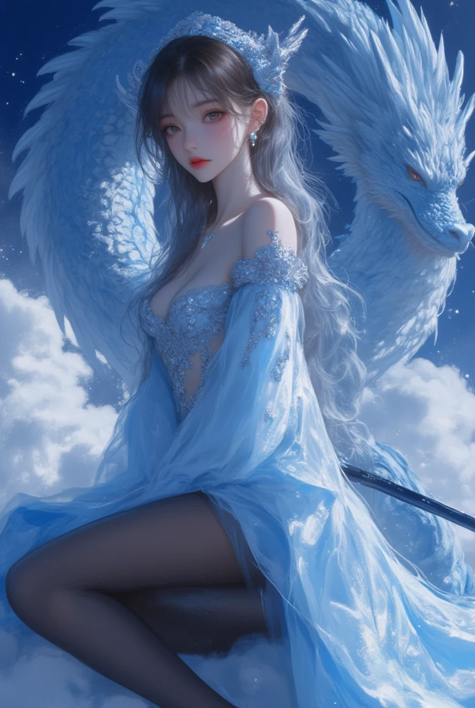 In a captivating image, an elegant woman clad in a white Chinese gown glides through the sky atop a mythical Chinese dragon. As they traverse the heavens, her flowing gown and the dragon's iridescent scales create a mesmerizing vision of harmony and otherworldly beauty.
hdr, (photorealism, masterpiece quality, best quality), , pureerosface_v1,ulzzang-6500-v1.1,