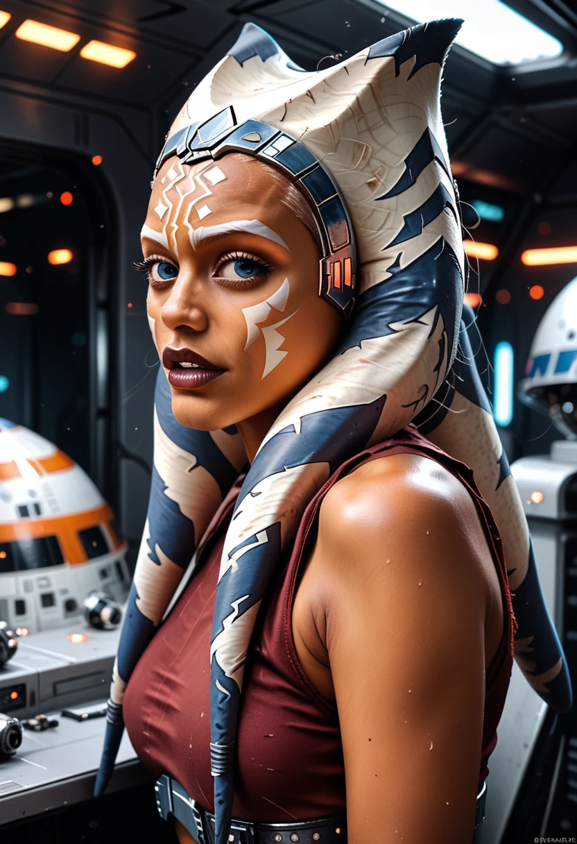 linda mulher, (((inspirada em "Ahsoka Tano" de "Ou Mandaloriano")), ((alien skin type)), pequenos detalhes insanos realista, ((Autorretrato frontal)), 8k UHD, DSLR, grain of film, pintura fotorrealista Fujifilm XT3 arte midjourney, ((como Rosario Dawson)),