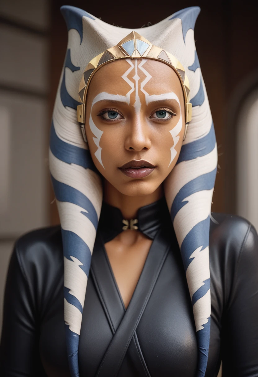 Latex ahsoka lustful smirking smile red blush red cheeks, chain leash, hands behind the head, kneeling, shackles, leather black collar slave, 2 high ponytails , orgasm_face cum