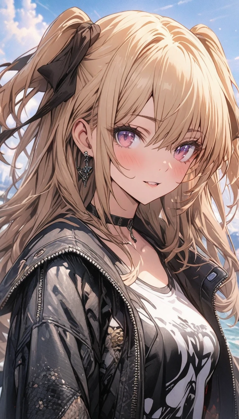 masterpiece, highest quality, sunset, One girl, Light brown hair,Straight Long Hair, Large Breasts, Black T-shirt,  ((A kind smile)), View Viewer, Detailed eye depiction,Detailed hair depiction,
Rainy Town,Wet Hair,it&#39;s raining,Neon Light,Depicting the upper body,