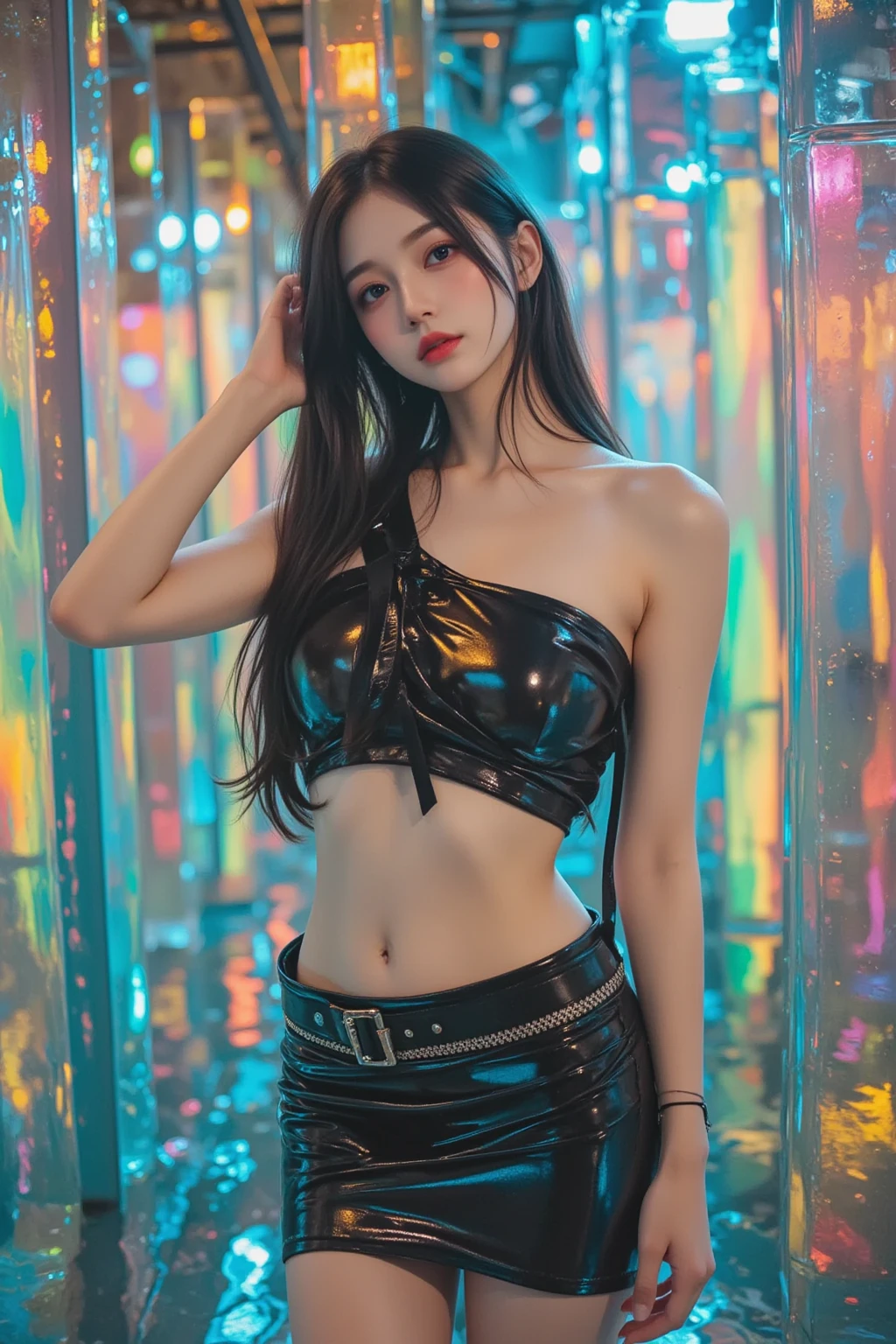 ulzzang-6500-v1.1 (original photo:1.2), (actual:1.4)
A beautiful and delicate girl radiates in the image, her very detailed eyes and face capturing the viewer's attention. The beauty of her eyes is further enhanced by the incredibly ridiculous and super detailed illustration, Reveal every detail in high resolution. This is a masterpiece of the highest quality, Similar to beautiful CG illustrations. Full of youthful charm, She is sixteen years old, striking dynamic and seductive poses in various settings. She wears a sequined miniskirt on her upper body, studded high heels, and