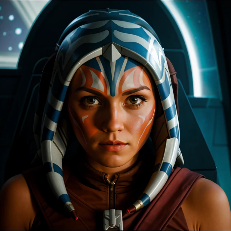 Latex ahsoka lustful smirking smile red blush red cheeks, chain leash, hands behind the head, kneeling, shackles, leather black collar slave, 2 high ponytails orgasm_face