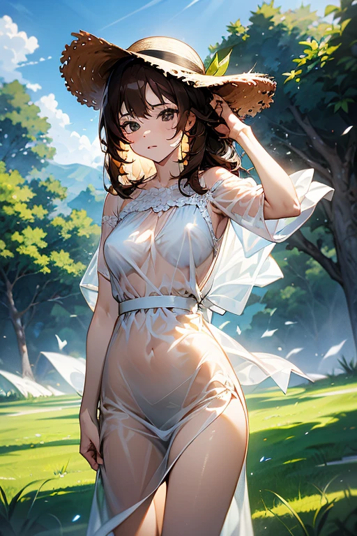 Cute, (1 girl:1.1), Solo, (light brown hair:1.3), Medium Hair, Wavy Hair, Purple eyes, Happy face,Upper Eyes, (Rabbit ears:1.4), (Rabbit tail:1),rinse cut, (White Shoulder T-Shirt:1.6), (Chibi:1.0), (up chest:1.4), (cleavage:1.4), (full body Esbian:1.5), (low angles:1.7),(standing in park:1.5), (Pulling the hem of the shirt:1.5)
