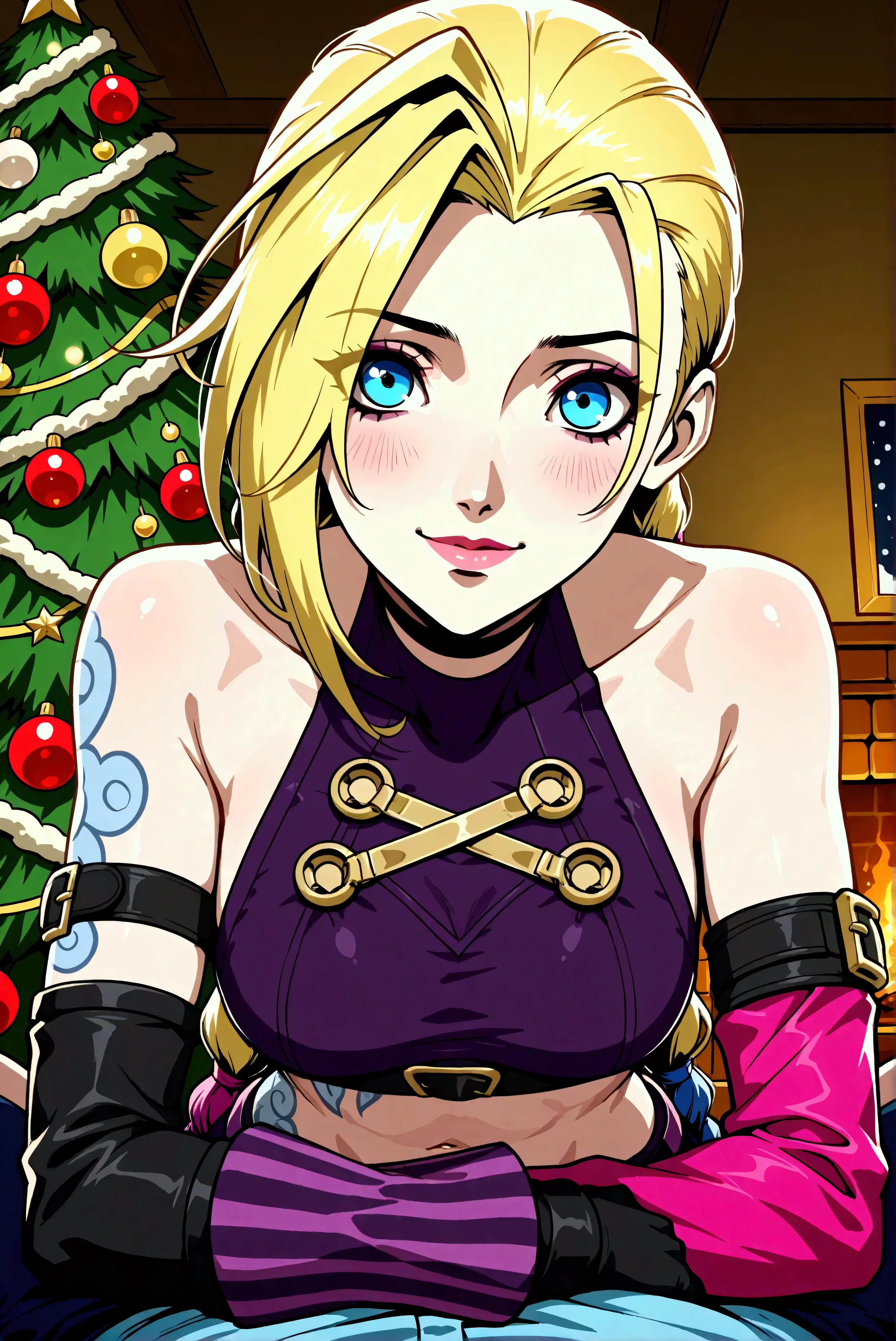 Créer une description créative et ludique d'un personnage inspiré du concept de « Nude Jinx » de noel, une représentation sexy et séduisante tout en mettant l'accent sur ses traits de personnalité, son style et la façon dont elle interagit avec le monde qui l'entoure. . Mettez l'accent sur sa nature ludique, son énergie vibrante et son sens unique de la mode d'une manière légère et artistique. Create a design or concept inspired by the character Jinx from the game *League of Legends* with a holiday twist, incorporating elements that reflect both her chaotic persona and the festive spirit of Christmas. Use bright colors, playful motifs, and unexpected contrasts to capture her mischievous nature while celebrating the joy of the holiday season. Consider elements such as decorations, outfits, and interactions with traditional holiday symbols. Aim for a fun and whimsical design that balances Jinx's wild energy with the warmth of festive cheer.