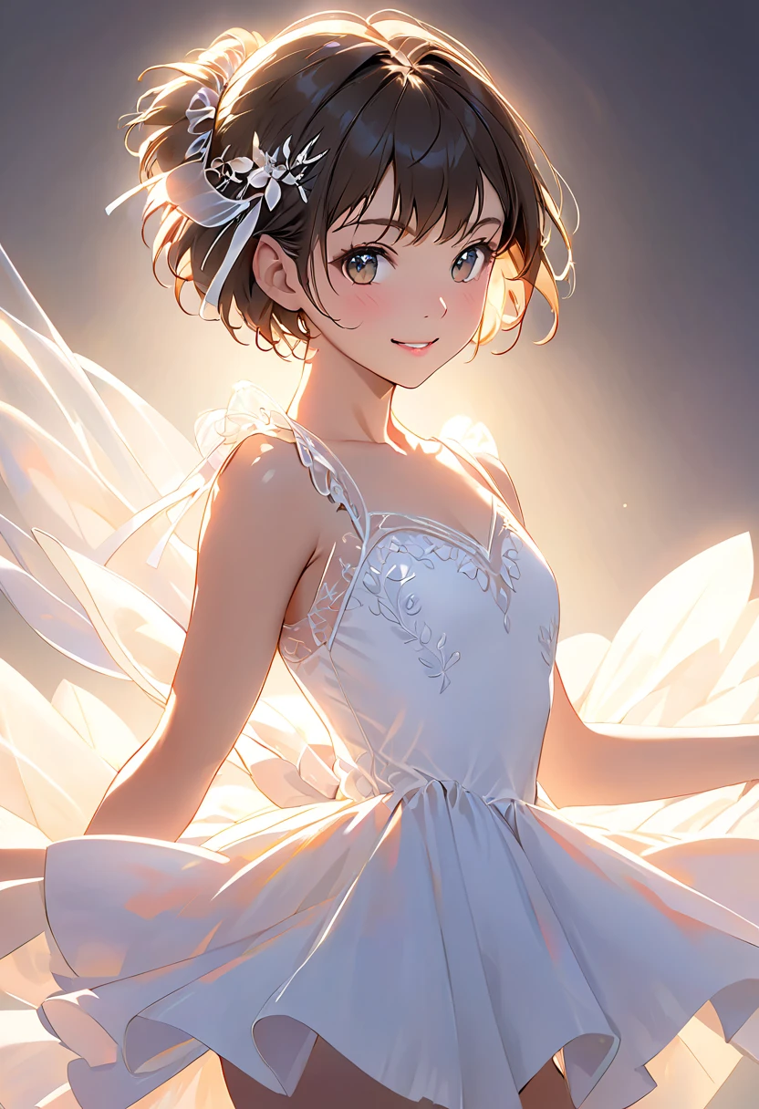 A high resolution, 最好质量, illutst, ultra hyper-detailed, (details face), (detailedeyes), Soft lighting, 最好质量, ultra hyper-detailed, 巨作, 1girl in, 独奏, Very large breasts, waist shot, a smile, Woman in white dress with angel wings and red heart, With short hair, pale snow-white skin, Beautiful Angel Girl、the clouds、skyward、a blond