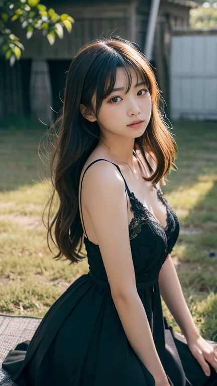 Woman doing solo camping、Cute 20 year old、The body is slim、Long hair with bangs、Camping style、A makeshift tent can be seen behind her...、in the forest、Starry Night、I see a bonfire in front of me、Clear images、High color reproducibility、Attention to detail、Live Action、Fascinating、