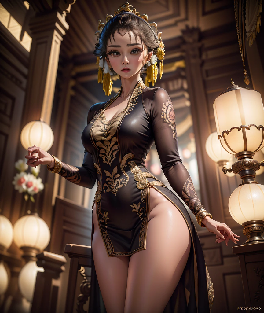 4k, high quality, soft light, cel shading, thick lines, short black bob hair, dark eyes, sexy, big breasts, thick thighs, wide hips, chinese dress, leg slit, muscular, toned, long flowing chinese dress, ornate, jewelry, hair bun, hair accessory, sexy anime lady, thicc, thick lady, thick hips