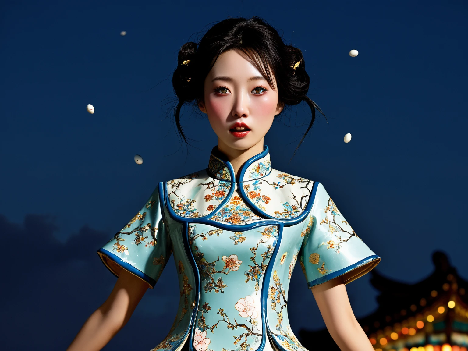 (best quality, masterpiece), 1girl, happy, china dress, standing, looking at viewer, blurry background, earrings, hair bun, night, china town,