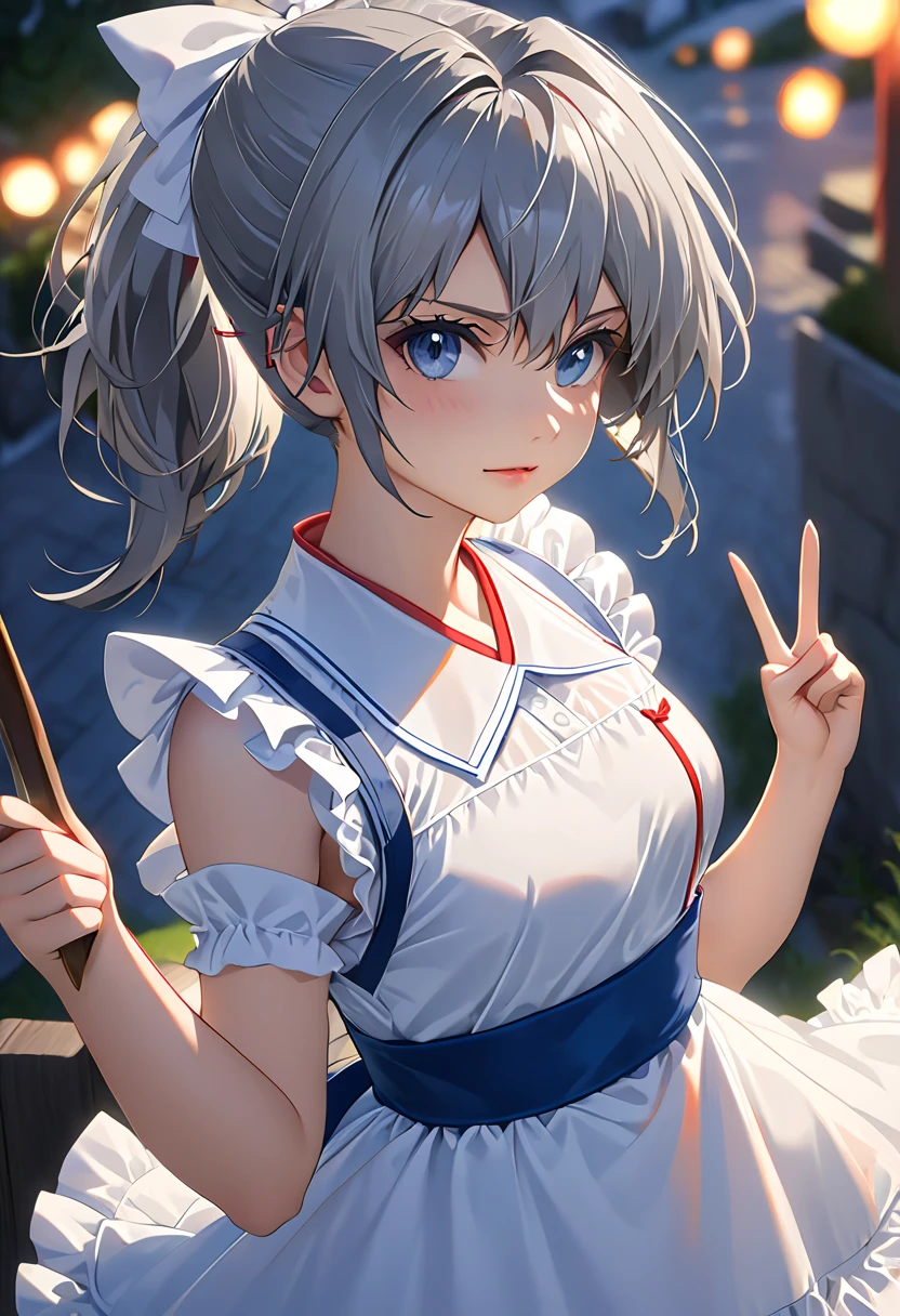 (detailedな美しい目とdetailedな顔、masterpieceサイドライト、masterpiece、Highest quality、detailed、High resolution illustrations)、(1 Girl、beautiful girl、Skin gloss)、(Silver-white hair、Pink Eyes、skirt、ribbon、Button-down shirt)(Kneel on the ground)