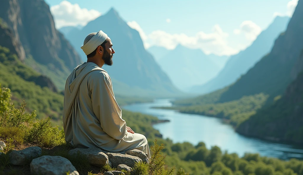 A Muslim with 4 inch beard and wearing Muslim cap sitting down cast neck and closed eyes, flowing river in cave with mountain environment in remembrance of Allah