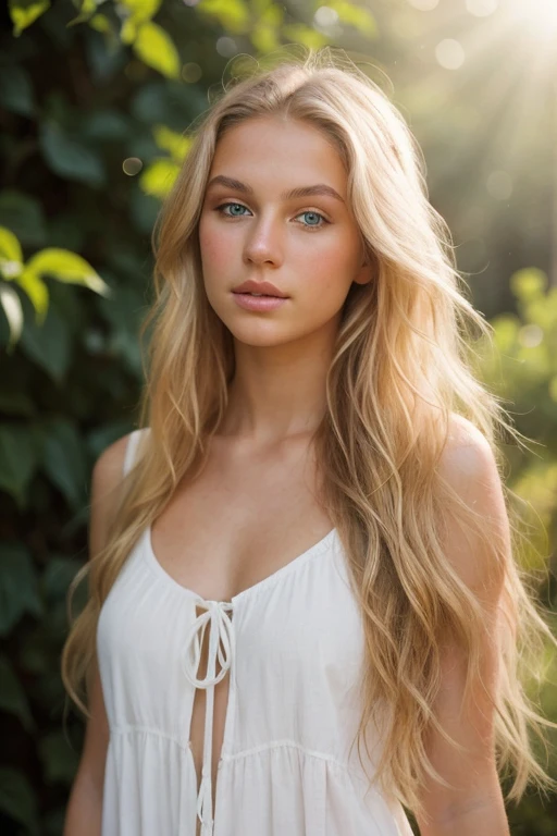 A photorealistic portrait of a 19-year-old Swedish girl with long, flowing blonde hair, striking green eyes, and tanned skin. Her face should be framed like an ID photo, with a close-up focus on her head and shoulders. She should have a natural, approachable expression and be illuminated by soft, golden-hour sunlight. The background should be a scenic outdoor setting, perhaps a sunlit park or beach. Capture this image with a high-resolution photograph using an 85mm lens for a flattering perspective