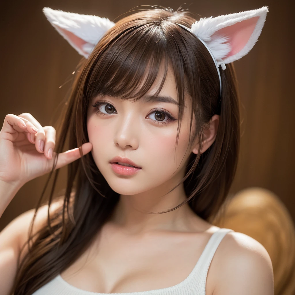 There's a woman in a cow costume holding a remote control., realistic Young Gravure Idol, Young Gravure Idol, Young and sexy gravure idol, Young and cute gravure idol, Charming cat girl, Young and skinny gravure idol, Cat-eared girl, With rabbit ears, Ayaka Cosplay, Woman with cat ears, Very beautiful cute cat girl