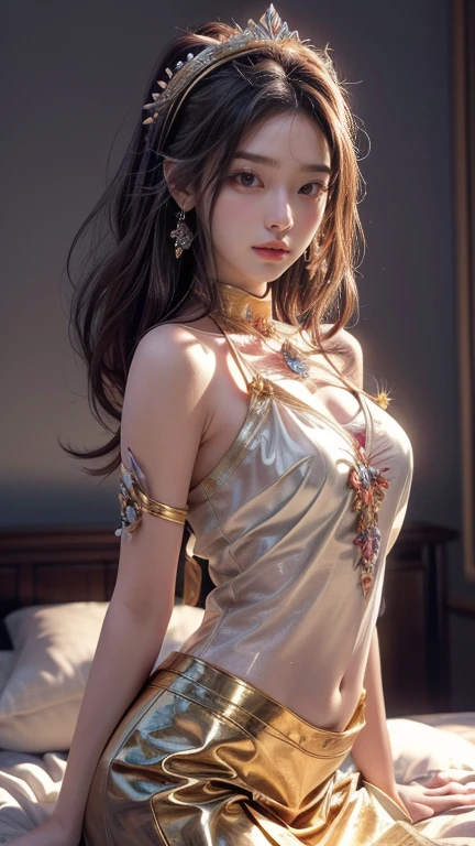 ((Top Quality, 8k, Masterpiece: 1.3)), solo, 1 girl, sexy, Beautiful girl with accentuated slender abs: 1.4, (Random hairstyle, flat breasts: 1.2), Ultra detailed face, detailed eyes, double eyelids, (body builder:0.8),(beautiful small hard nipple:1.4),(white bathrobe without bra-pad),(spread legs:1.2),on the gold bed,(shiny skin:1.2),(muscle arm:1.3),(muscle leg:1.3),(lie down:0.8),(blonde hair:1.0),necklace,(earrings:1.3),(ponytail hair:1.3),(gorgeous jewelry:2.0),(transparent clothes:1.3)
