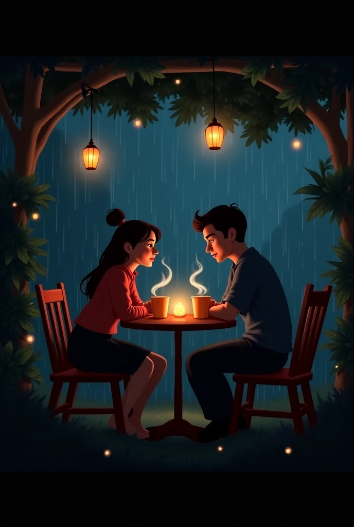 "A cozy, dimly lit café on a rainy evening. Soft candlelight illuminates a small, round table where two people, a man and a woman, sit across from each other. The atmosphere is intimate and warm. Outside, rain gently falls against the window, adding a soothing backdrop. The couple appears engaged and happy as they reminisce, with soft smiles and gentle gestures. The scene conveys a sense of deep connection and nostalgia."
