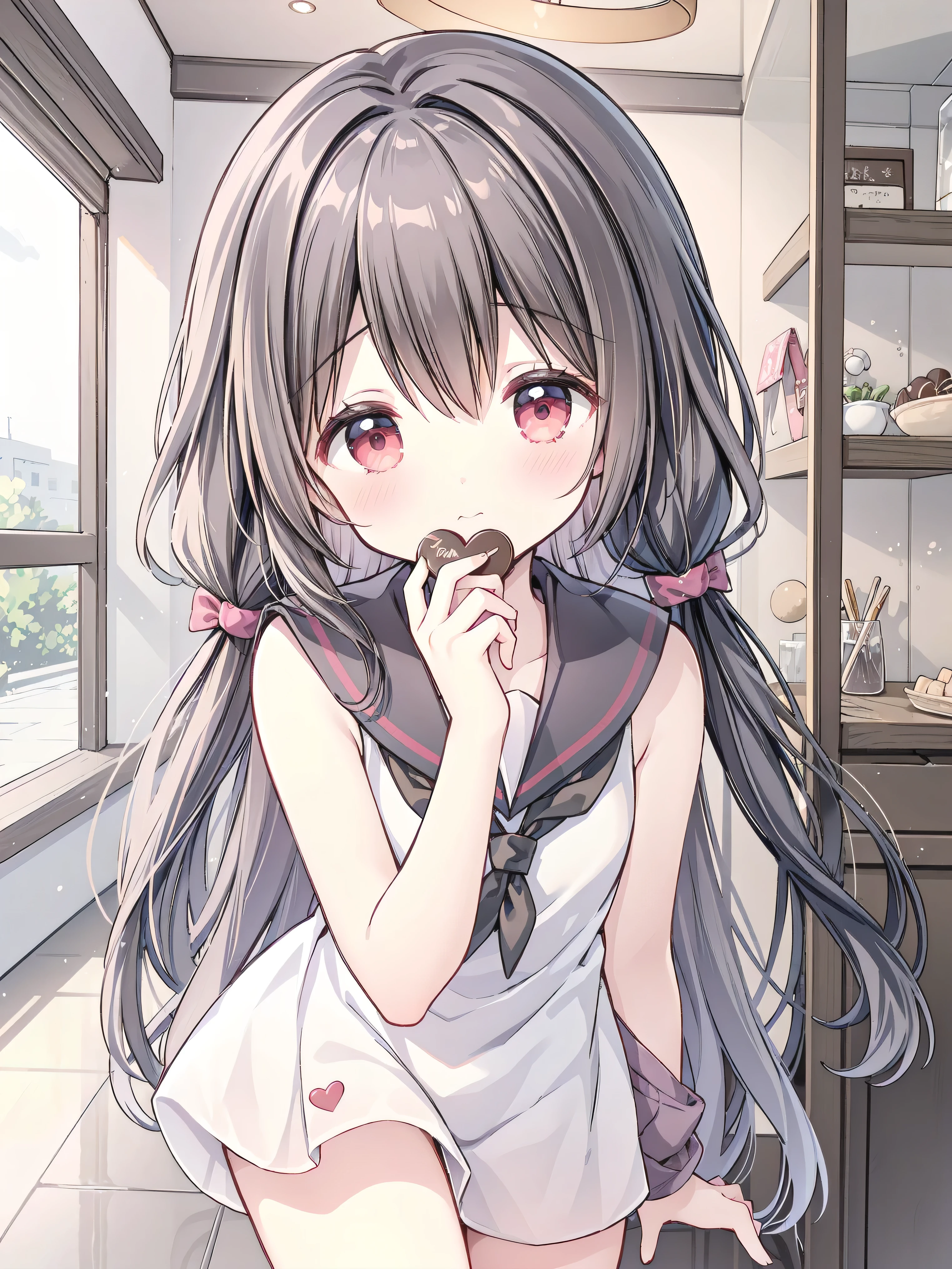 masterpiece best quality, sharpen image details, Nardack style lora,  a soft and enchanting high school girl, her short stature is cute little ,  her hair is dark black and her eyes are amber red , The high school girl is wearing a sleeveless summer sailor uniform, Feed the viewer a piece of Valentine's chocolate, close up
