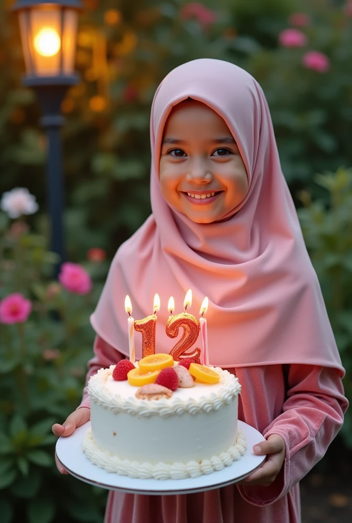 real potrait, full body, long shot, a 3-year-old girl wearing a hijab, Sit down, in front of him is a birthday cake, there are number candles "3", Behind there are birthday party accessories, festive atmosphere, charming bright colors