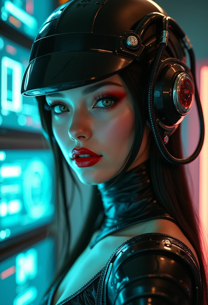 gundamwingcockpit, demon, neon horns, gray skin, futuristic, scifi, plugsuit, (hell armor:1.3), dark lips, large breasts, solo, dark hair, long hair, gloves, g0thicPXL, dutch angle, controls, joystick, technology, glowing, neon, holographic display, blue eyes, sitting, close up