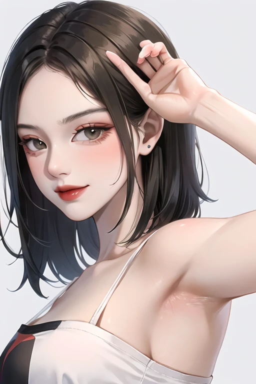 (extremely delicate and beautiful:1.2) sexy girl, hazel eyes, black hair, marron t-shirt, looking at viewer, short hair, no hair bag, upper body, deep red lips, smirk, white background 