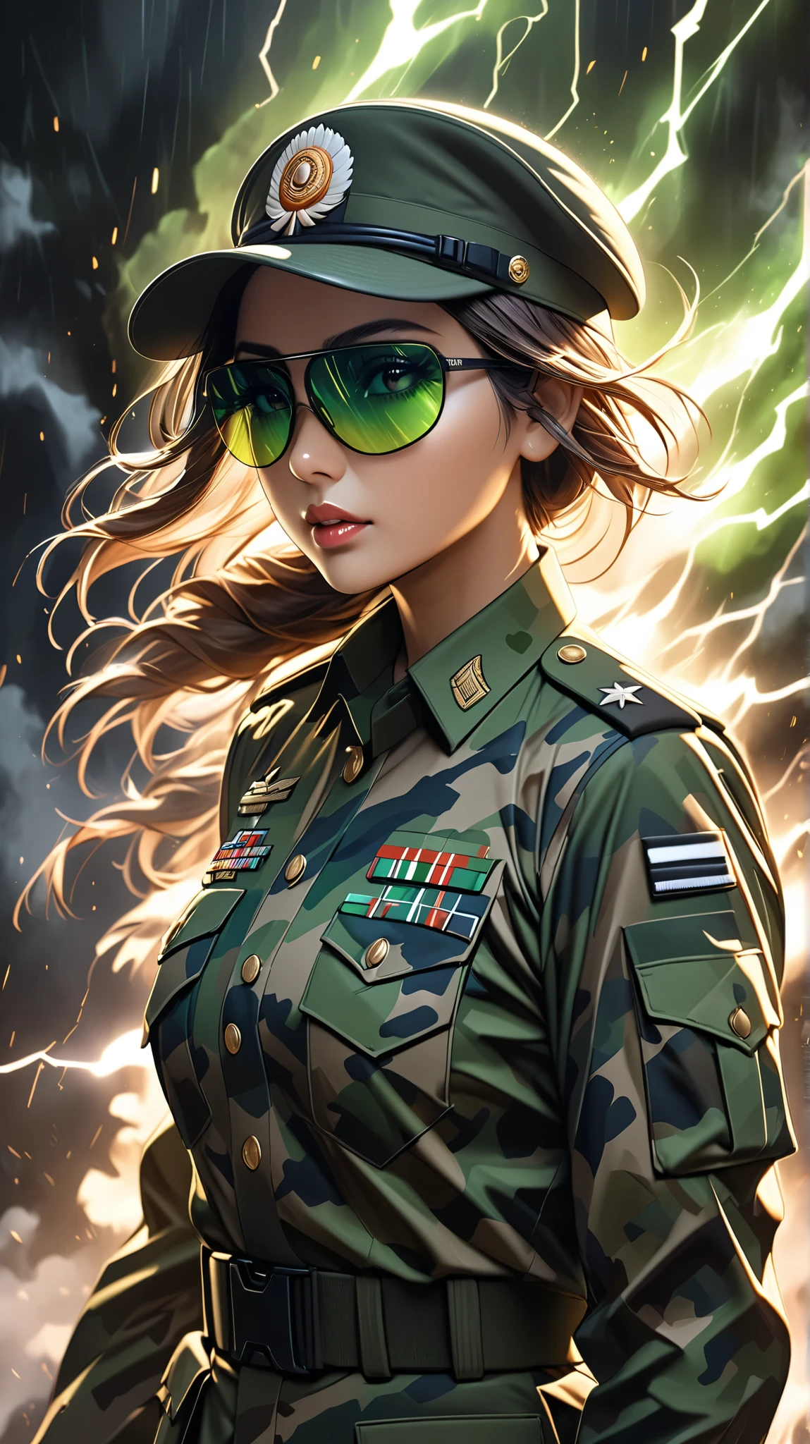 Digital painng of The Indian Army’s combat uniform features a camouflage pattern in shades of green, brown, and black, designed ,black aura lightning ((detailed)) , solo (aura), black and dark blue lightning