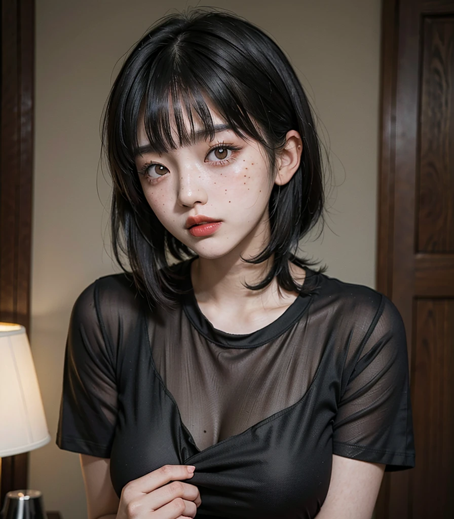 neat girl is beautiful japanese female and beautiful russian female mixed race only in the face age is 17 features of the whole body black hair medium straight bob cut hair style beautiful small face with short eyelashes boyish eyes only high nose dark blue pupils very thin upper lip milky white skin accurate attractive body shape beautiful bust waist hip s thighs knees legs choker and tie on neck shirt with collar relux on bed