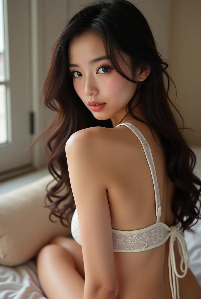 A close-up shot of a stunning Japanese woman, kneeling on all fours, showcasing her exquisite features. Her delicate facial expressions convey a sense of shyness, yet her confident pose exudes a subtle sexuality. Her medium-length hair falls down her back like silk, framing her heart-shaped face. She's clad in lacy panties that accentuate her curves, against the lavish backdrop of a stylish hotel room, lit by soft golden hues and reflected in the mirrors.