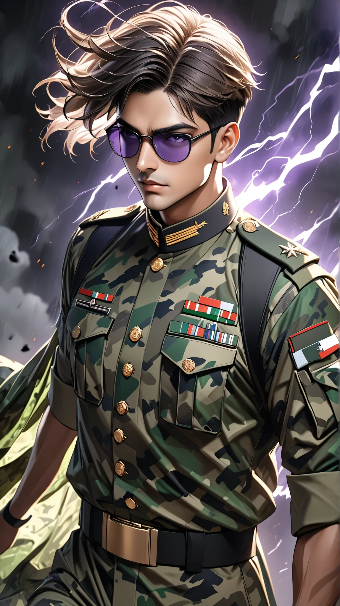 Digital painng of The Male young Indian Army’s combat uniform features a camouflage pattern in shades of green, brown, and black, designed ,black aura lightning ((detailed)) , solo (aura), black and dark violet lightning