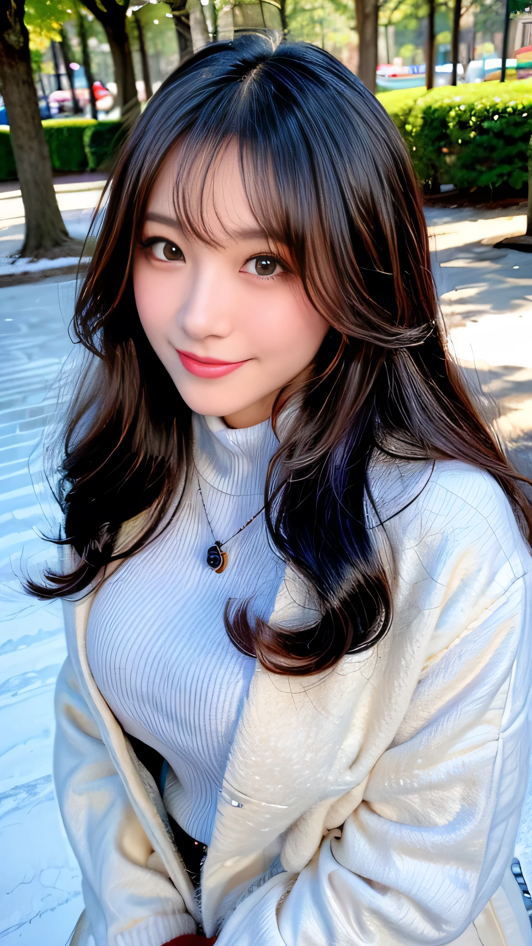 Full body camera angle、((highest quality、8K、Masterpiece: 1.3))、concentrate: 1.2、Cute Girl 1、Nipple erection、Perfect beauty: 1.4、Colorful off-the-shoulder T-shirtini skirt: 1.2、Long sleeve、Randall Color、Comics＆Text Graphics、Black ruffle trim drawstring zip blouse、1.1、Highly detailed face and skin textures、fine grain、double eyelid、Whitening skin、highest quality、Ultra-high resolution、you、One girl、one person、_Shiny skin、Iris、necklace、Full body angle、walk in the park、 ((Brown_length_Wavy_hair)),(lips))、eyelash、bangs、process、Correction、Shine、pores、Skin type、Big Breasts、smile、lively、Selfie