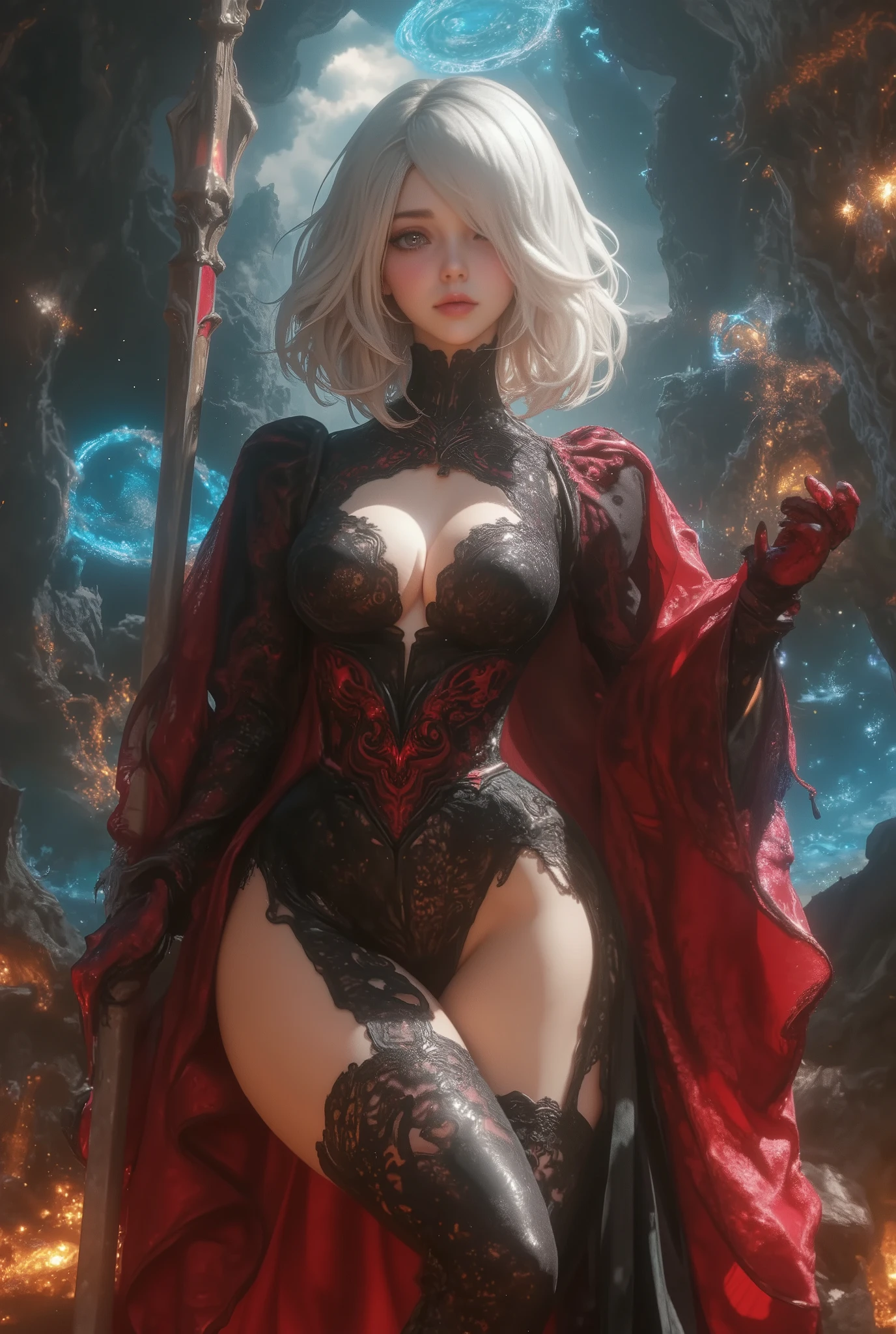 (((Cracked Sky, huge crack in the sky, Space Distortion , Darkness Comes Down From Crack))), (8k, top quality, Masterpiece , Final Fantasy Style: 1.2), ( realistic , photo realistic : 1.37), super detailed, one girl, { Dark Mage with Light }, Wide viewing angle , (beautiful and huge bouncing firm ample breasts, deep cleavage:1.5) and a huge waist, sexy long legs, full body view, , Very delicate depiction , MINIATURE PAINTING , Detailed facial depiction , Detailed depiction of hair, correct skeleton, dress with intricate pattern, Complex Armor, Long and thick sword,Dreamy,A surreal mixed fantasy world,Combination of realistic and fantastical elements , magical effects , The Battle Between Good and Evil, ( Swirling Fire:1),universe, (((Cracked Sky, huge crack in the sky, Space Distortion , Darkness Comes Down From Crack))), thunder, eruption, Magic Rim , Complex Patterns ,