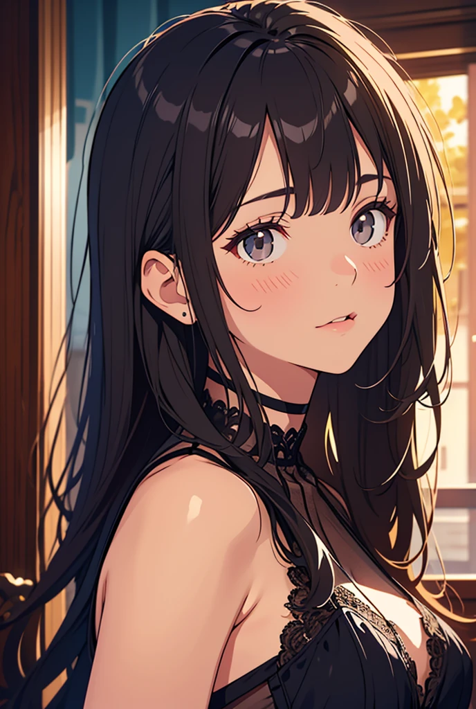 detailed, (masterpiece:1.2), (pale_skin:1.2), (alone:1.2), (woman), thin, (Shine_eye), Long Hair, bangs, Black Hair, Outdoor, No sleeve, black eye, Love Hotel、eyeの間の毛、Naughty look、mocking expression、eyeが光る