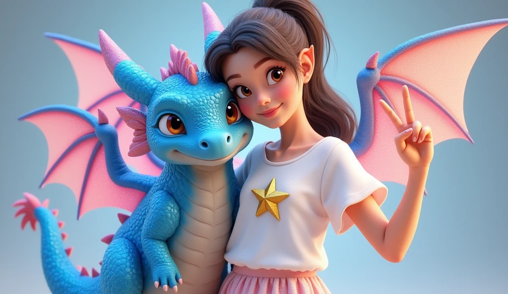 lara, , , long hair and tight in a tail , Brunet , happy expression , white t-shirt with golden magic symbol , pale pink skirt with ruffles , smiling , Victorious with the little blue and cute dragon with shining wings